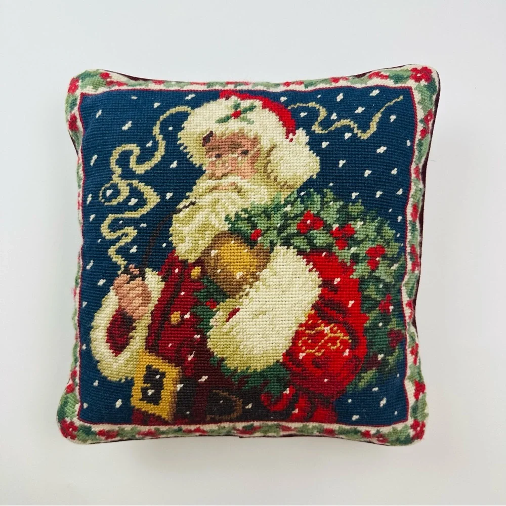 Christmas Santa Claus Needlepoint Accent Pillow 12 x 12 inches